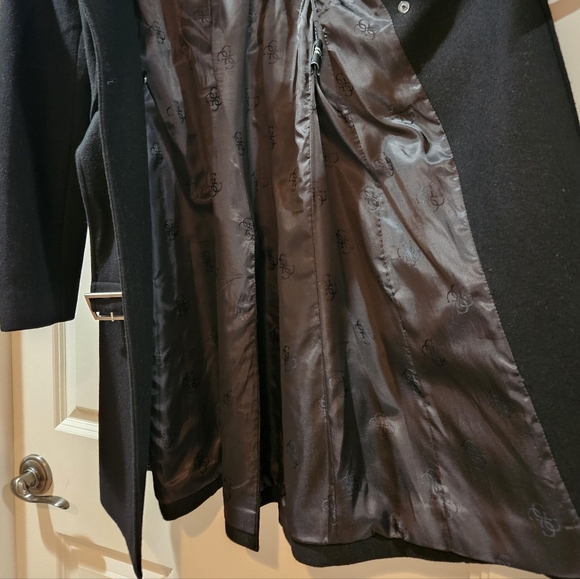 Guess Double Breast Wool Blend Coat Heavyweight Funnel Neck Belt Siz 6 Black EUC - Picture 7 of 15